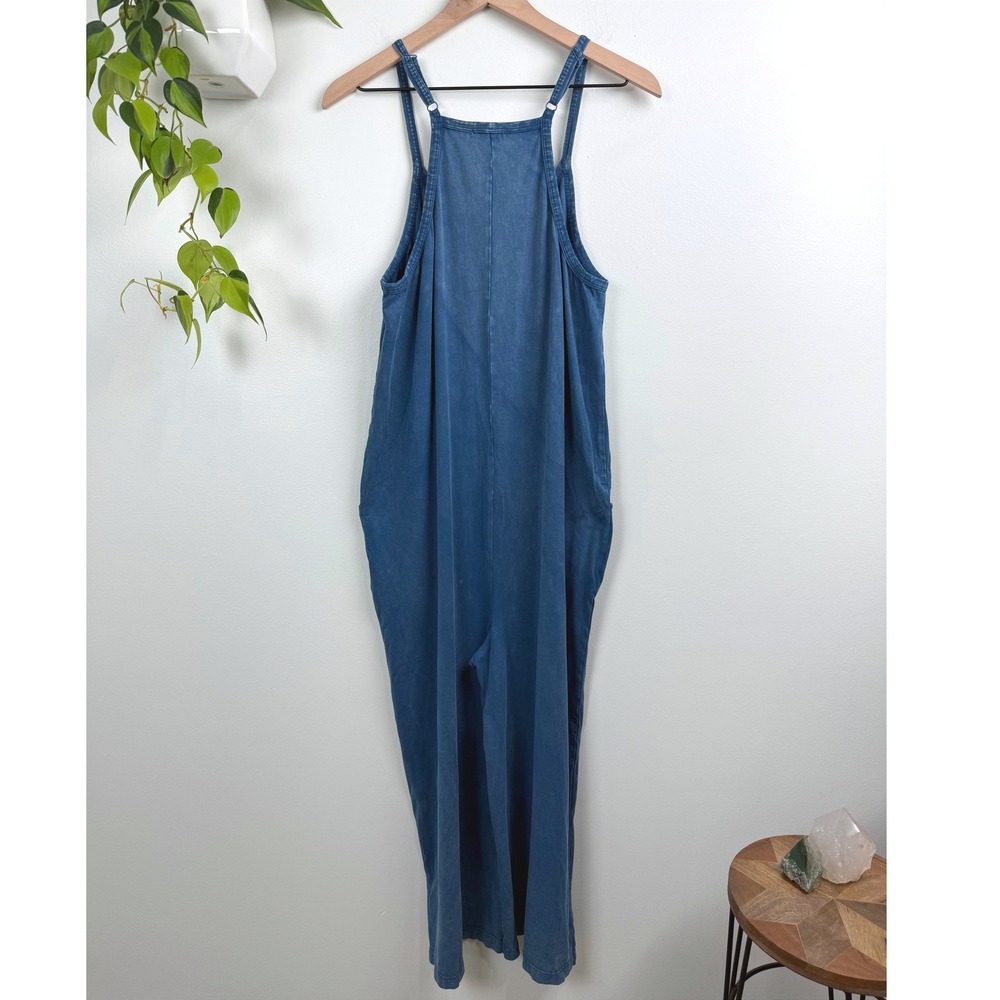 Sundry Womens Blue Washed Cotton Blend Wide Leg Jumpsuit Pockets M Boho Lounge - Picture 2 of 9